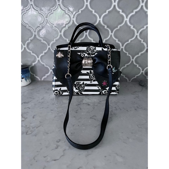 Betsey Johnson Glam Garden Striped Rose Satchel Large Bow Jeweled Crossbody Bag - Picture 5 of 16